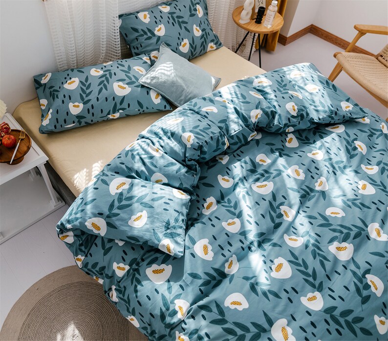 Khaki/blue Floral Duvet Cover Queen Cotton Twin/queen/king Etsy