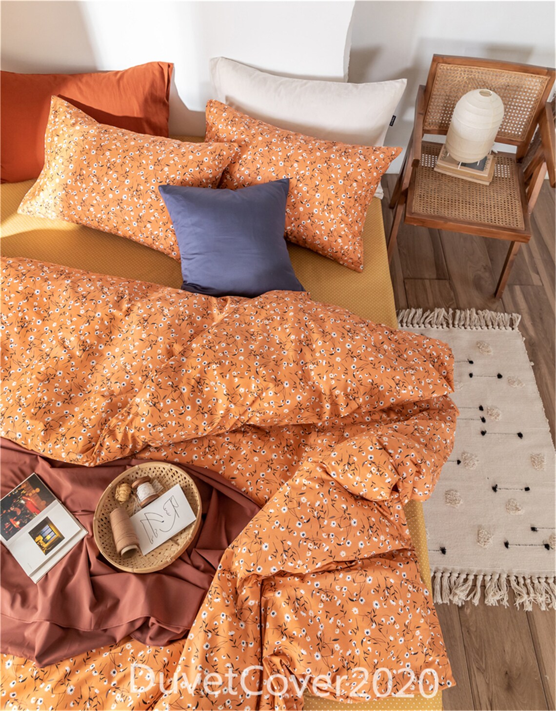 4PC 100 Cotton Orange Floral Duvet Cover QueenCotton Bedding Etsy