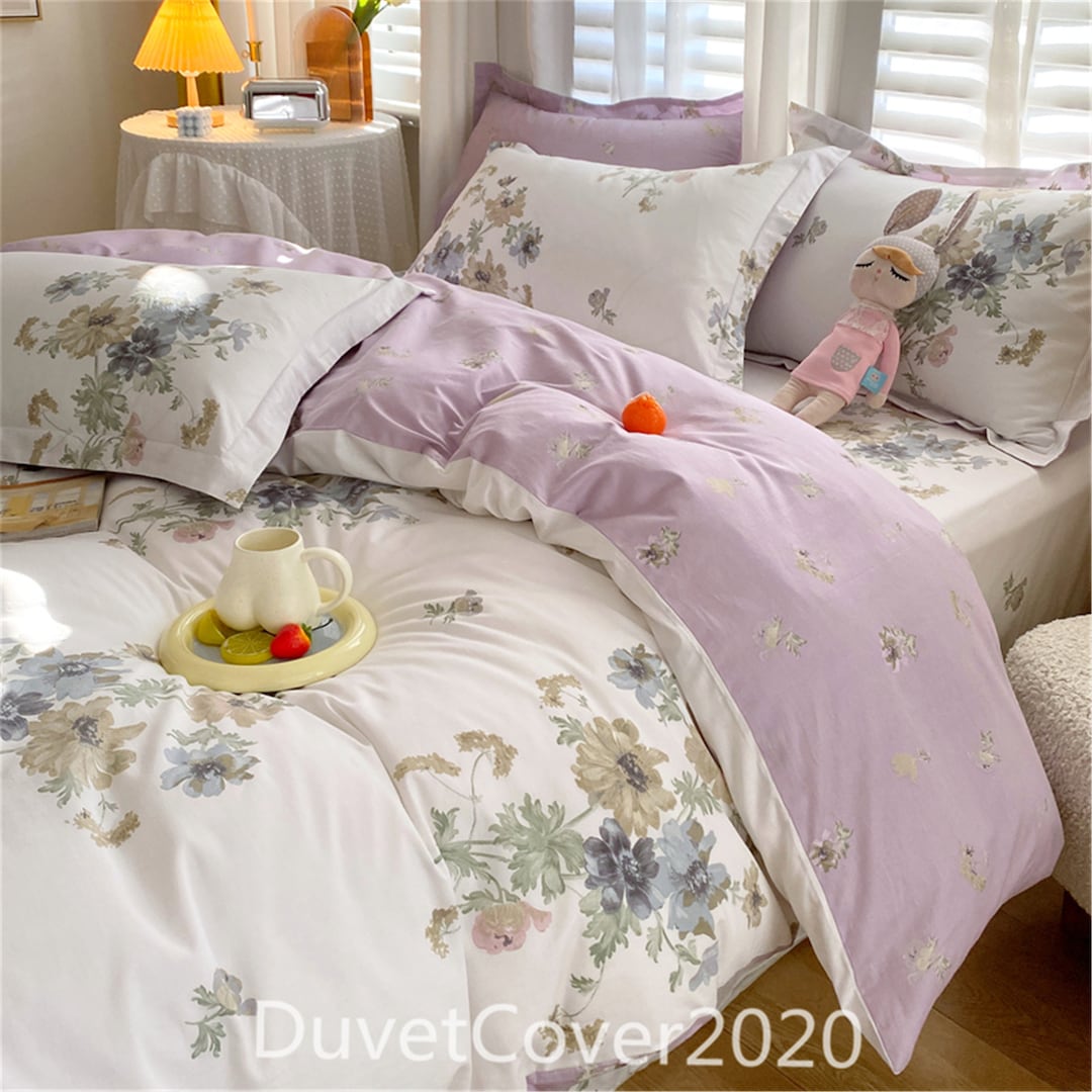 Cotton White Purple Floral Duvet Cover Twin/full/queen/king,customized