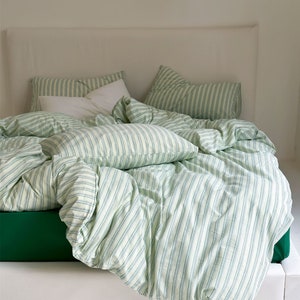 100% Cotton Striped Duvet Cover Queen Full Single,Green/Black/Blue/Beige Cotton Duvet Covers With 2 Pillowcases Queen/Full,Dorm Bedding Set