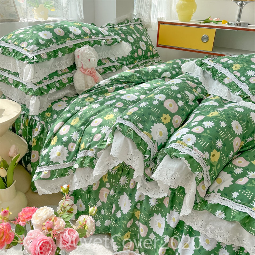 Vintage Lace Duvet Cover Twin/full,4 PC Set Green Floral Ruffles Duvet