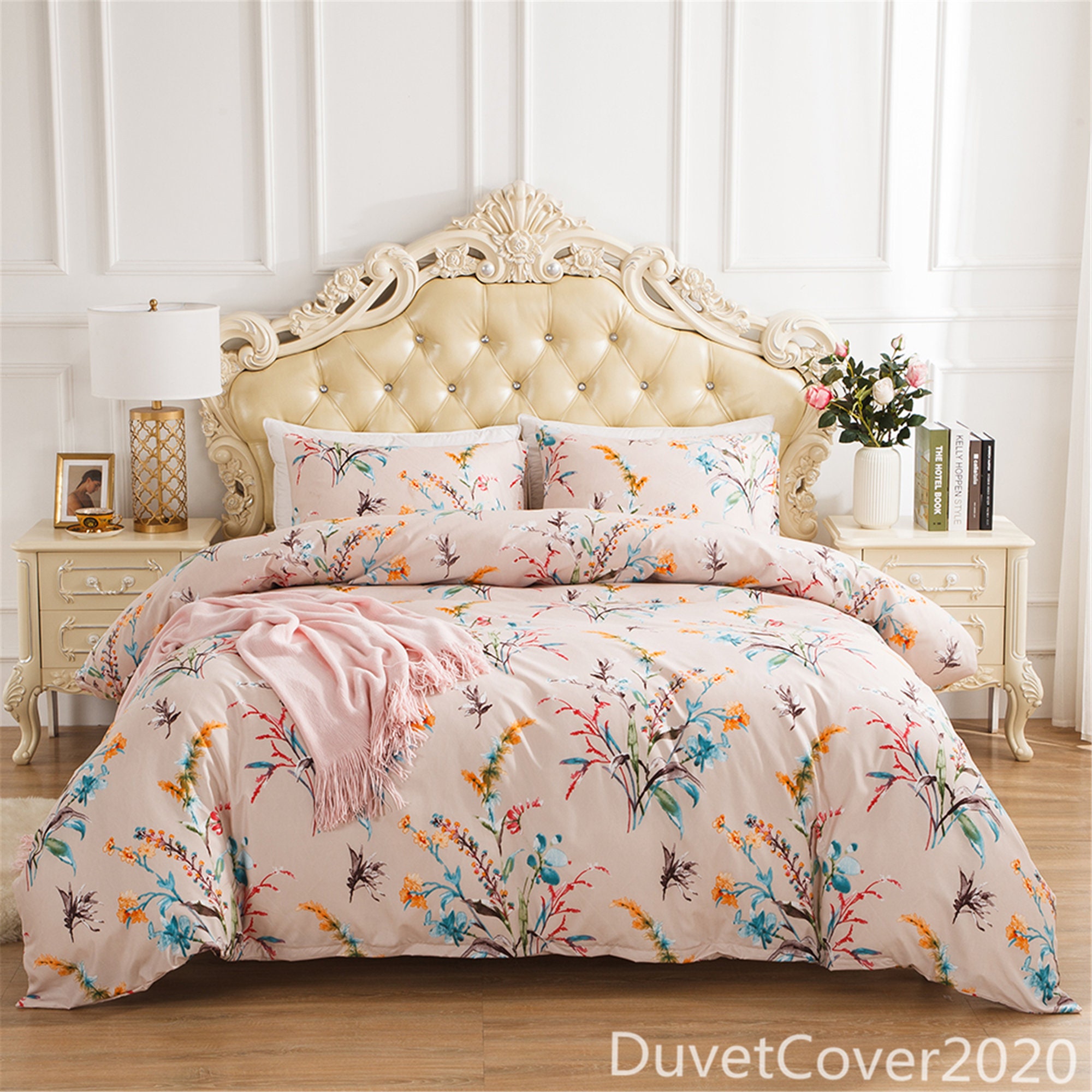 Light Pink Floral Duvet Cover Queen Twin King Bedding Set Etsy