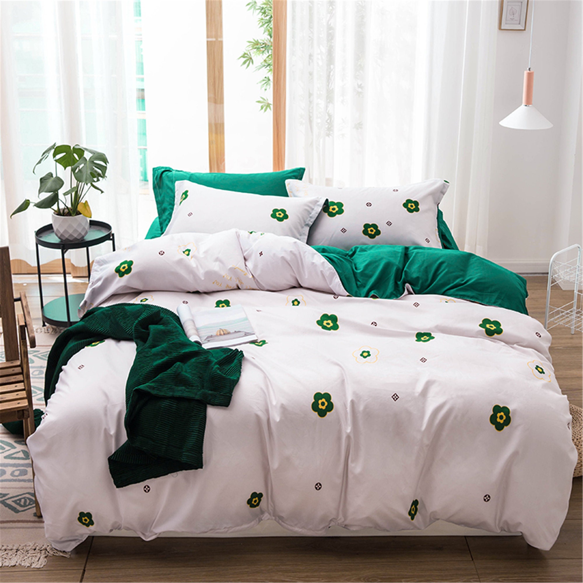 Fresh Duvet Cover Dark Green White Floral Double Side King Etsy