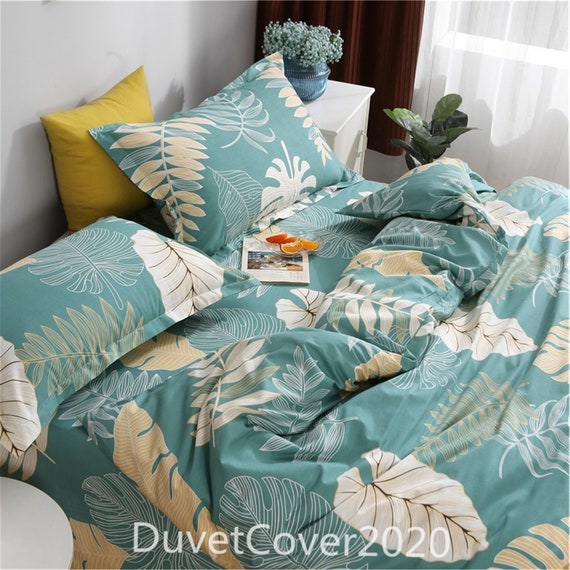 Cotone Verde / Blu / Grigio Foglie Stampa Piumino Copripiumino Twin / Full  / Queen, Copripiumini Cotone Set biancheria da letto Twin / Full / Queen,  Federe, Quilt Cover -  Italia