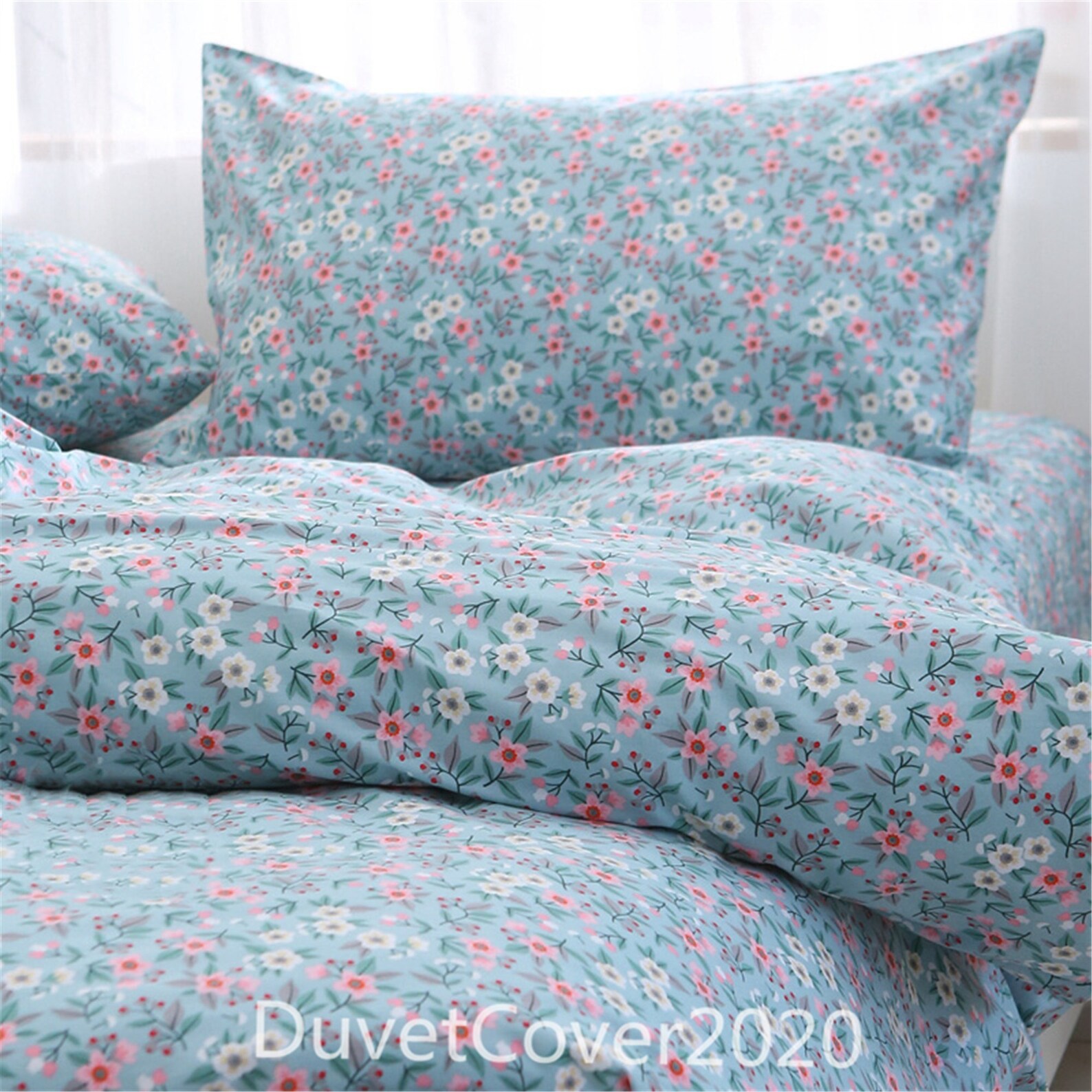 Blue Floral Duvet Cover Twin/full/queen/king With Pink/white Etsy