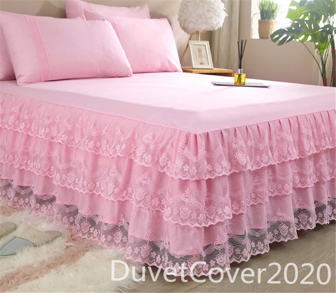 Lovely Solid Pink Bed Skirt Queenlace Bed Skirtsbedskirts Etsy