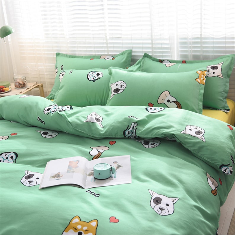 Fresh Cute Dog Print Duvet Cover Green Soft Duvet Cover Queen Etsy