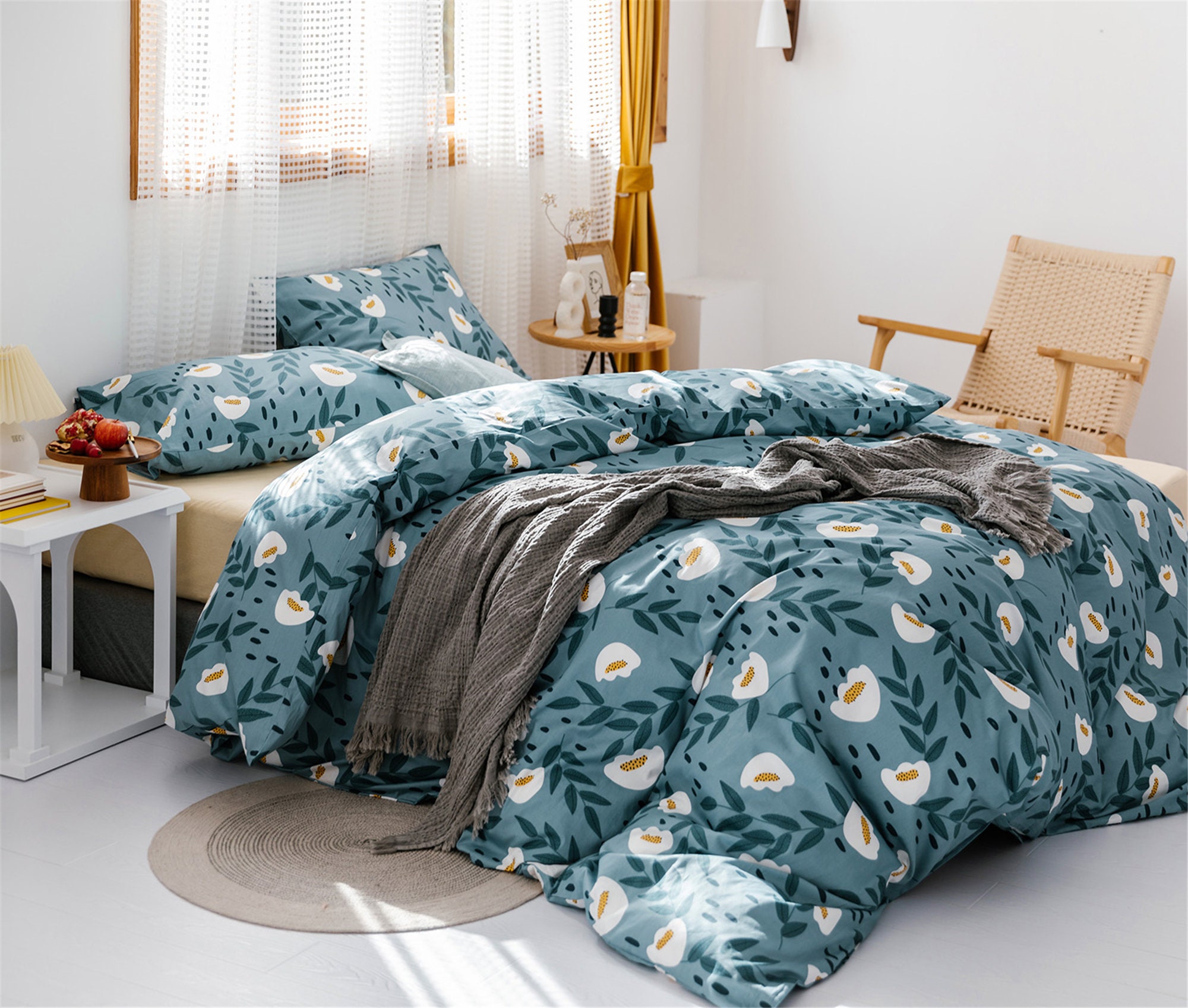 Khaki/blue Floral Duvet Cover Queen Cotton Twin/queen/king Etsy