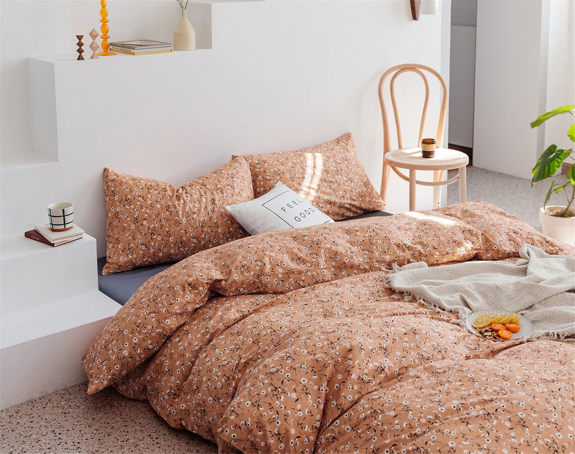 100 Cotton Duvet Cover Floral Orange Fresh Duvet Cover Queen Etsy