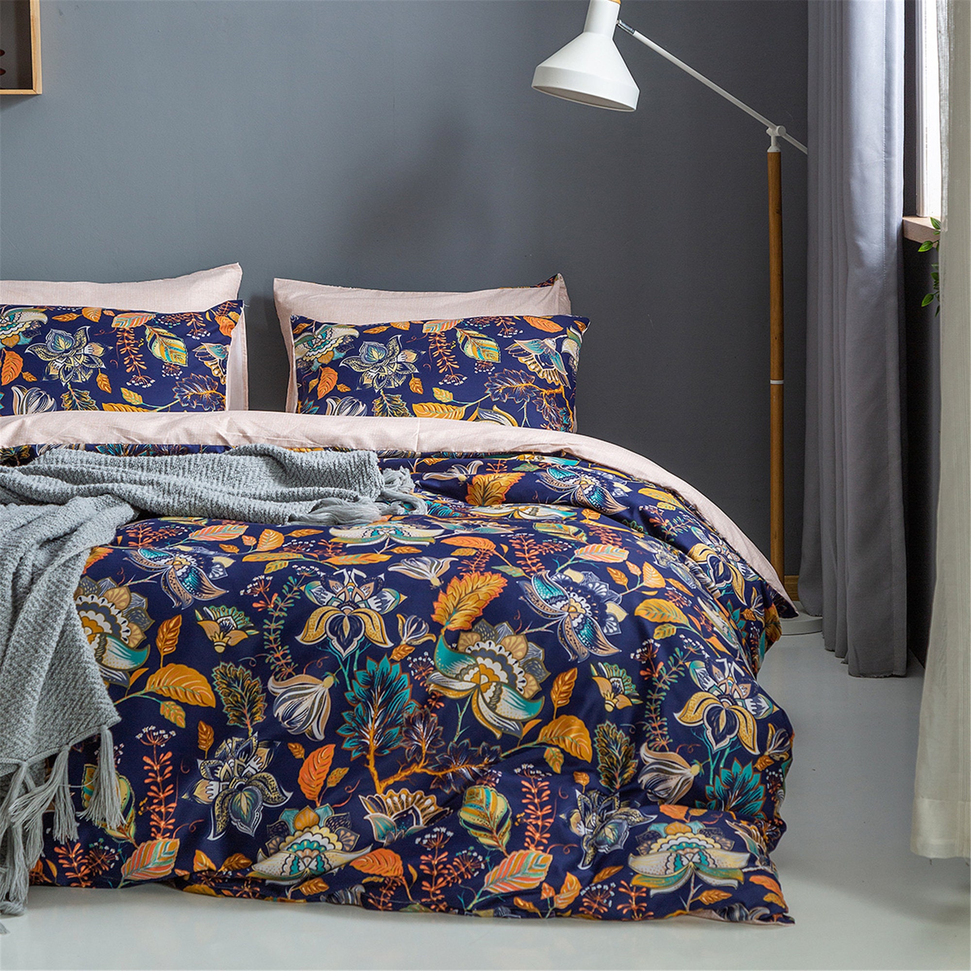 Navy Vintage Floral Duvet Cover Queen King Twinboho Duvet Etsy Canada