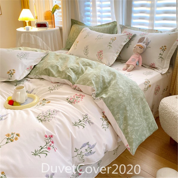 Customize Size White/Green Floral Duvet Cover Queen/Twin/Full/King,100% Cotton Duvet Covers,Dorm Cotton Bedding Set,Quilt Covers,Shame Cover