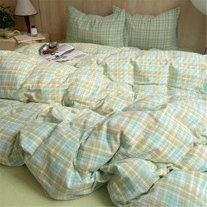 Summer Green Plaid Duvet Cover Queen Full Single,Cotton Plaid  Duvet Covers With 2 Pillowcases Queen/Full,Dorm Bedding Set