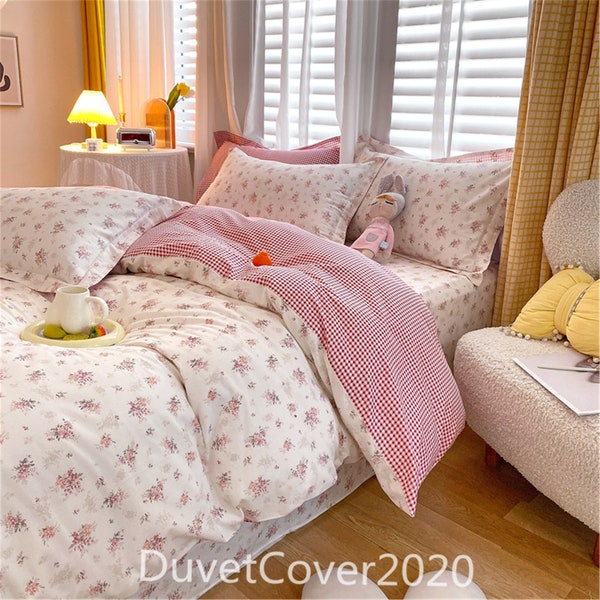 Customize Cream White Floral Red Plaid Duvet Cover Twin/Full/Queen/King,100% Cotton Duvet Covers,Dorm Bedding Set,Quilt Covers,Shame Cover