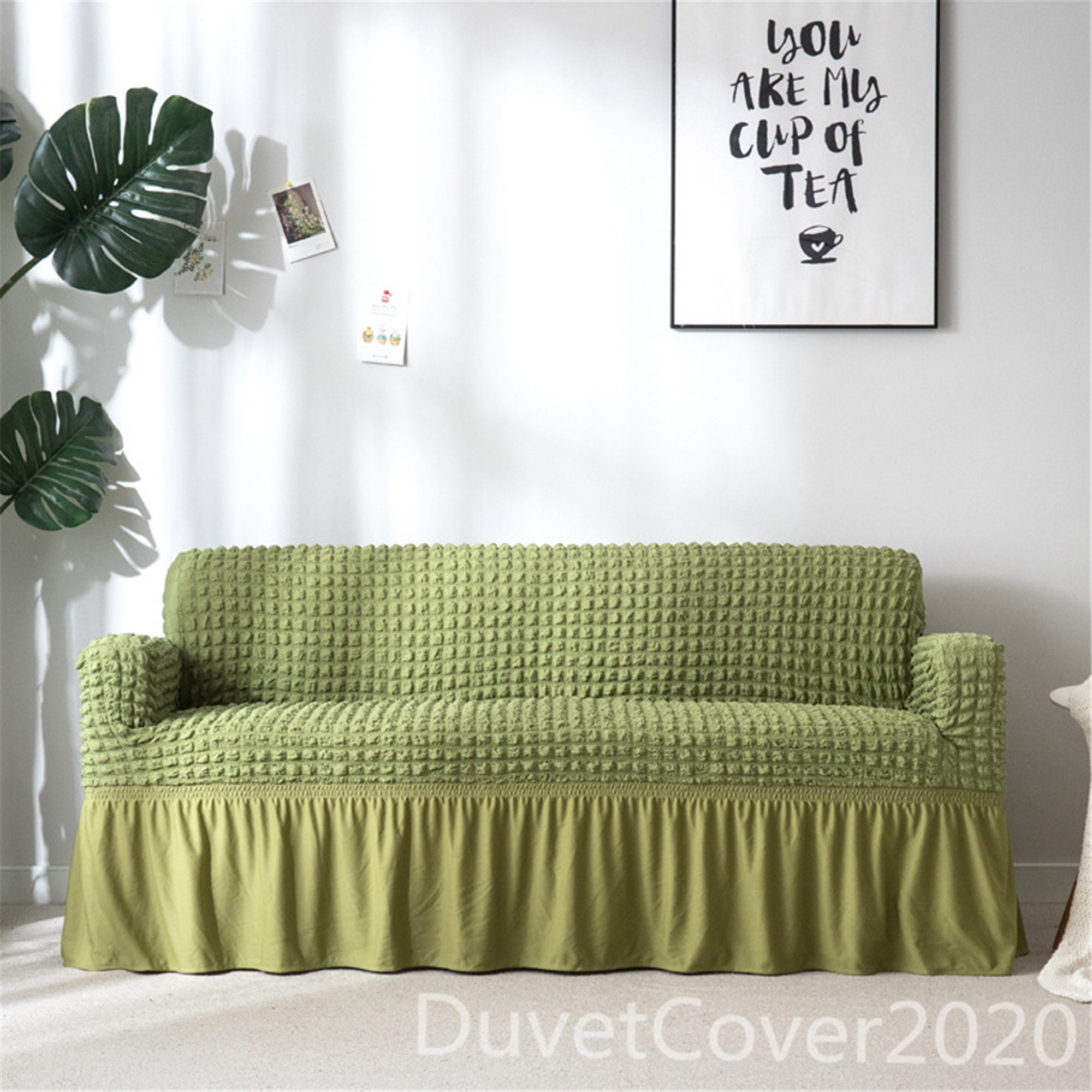 Seersucker Sofa Cover Stretch With SkirtAvocado Green Couch Etsy