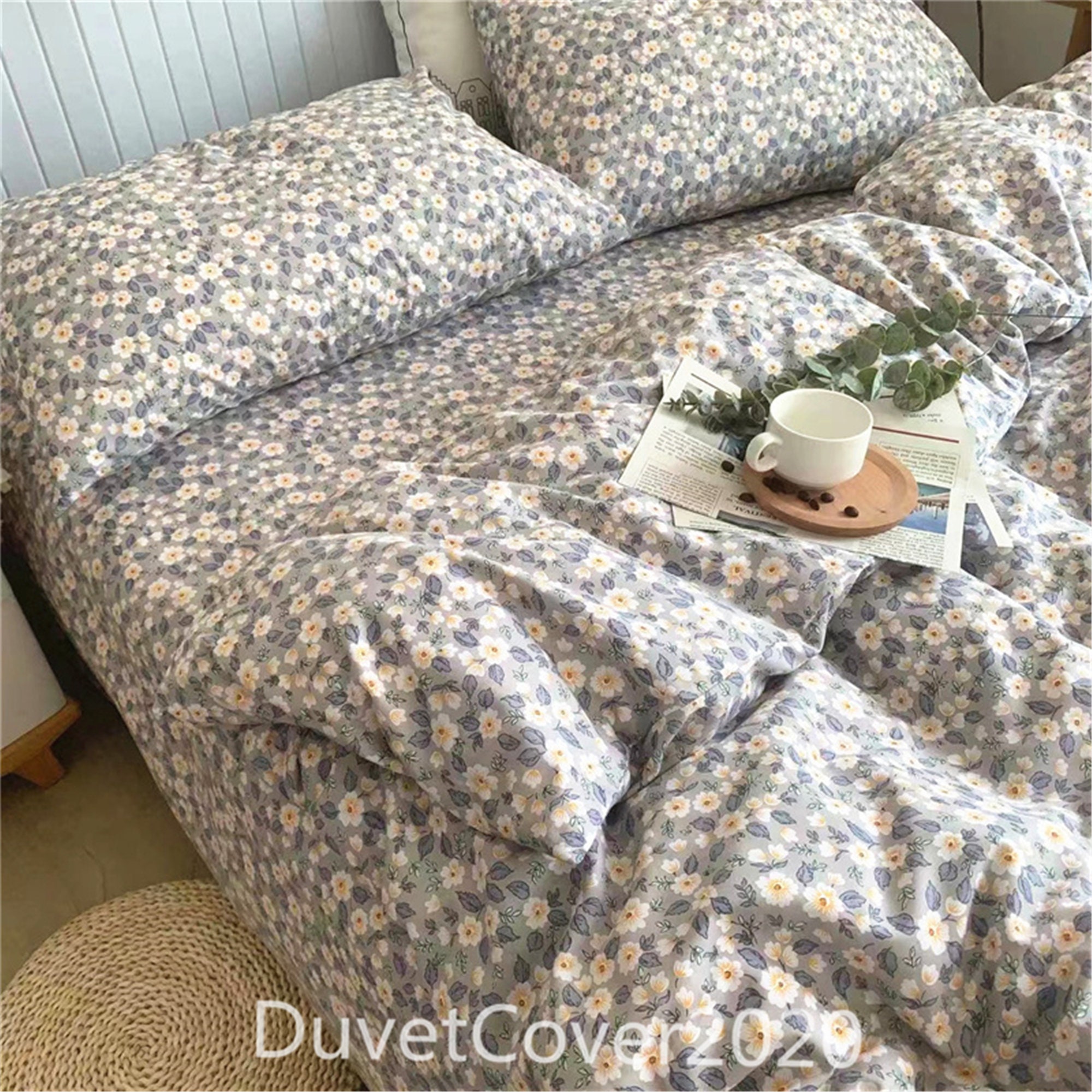 100 Cotton Gray Floral Duvet Cover Twin Full Queen King With Etsy