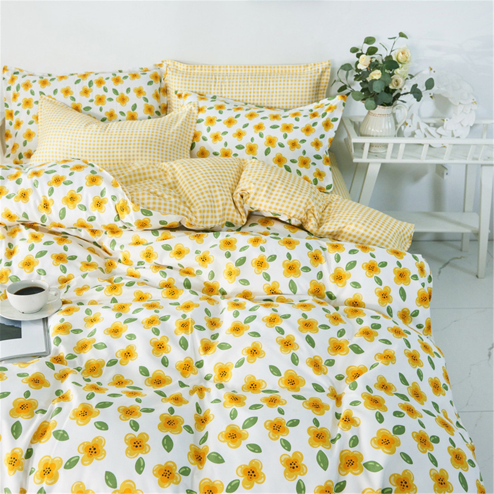 Fresh Yellow Floral Plaid Duvet Cover Twin Queen King Single Etsy