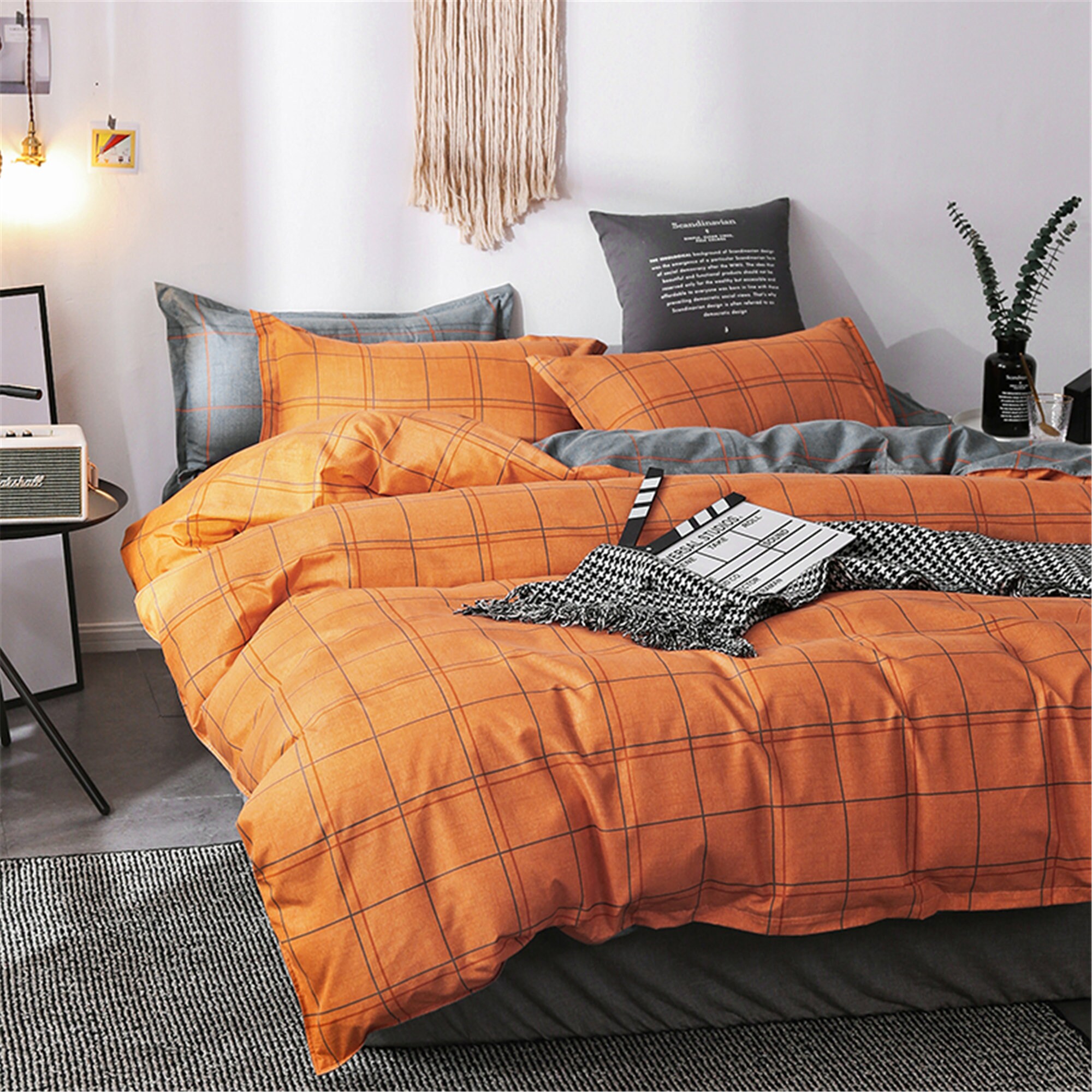 Duvet Cover Queen Twin Orange Plaid Bedding Set Kids Teen Etsy