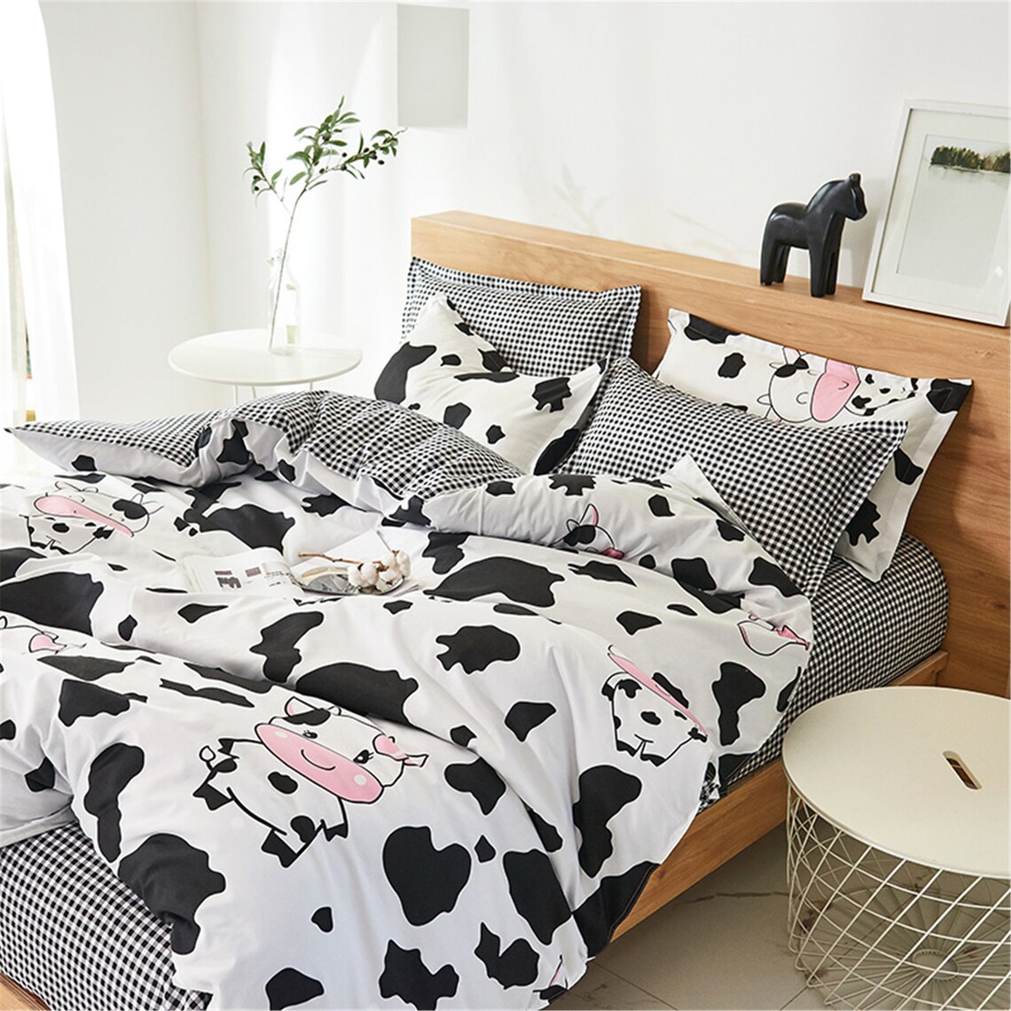 White Cow Print Plaid Duvet Cover Double Side Bedding Set 4pc Etsy