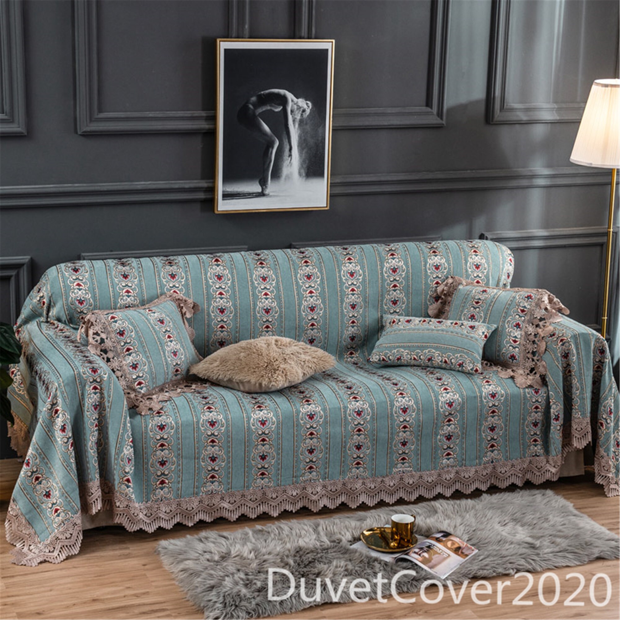 Vintage Blue Sofa Cover LaceSofa Slipcover Plus SizeSofa Etsy