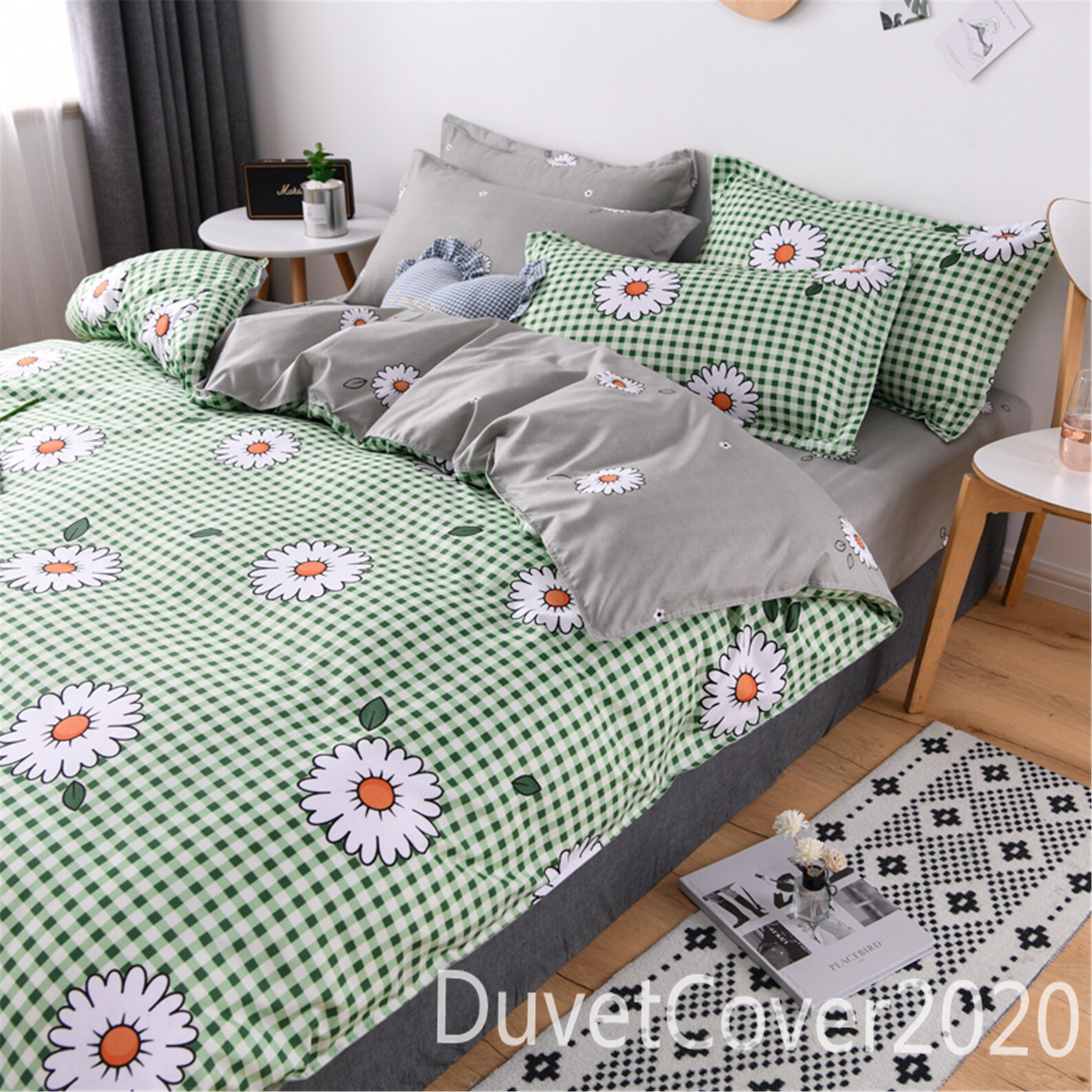 Plaid Daisy Floral Duvet Cover Queen Twin Double Green Gray Etsy