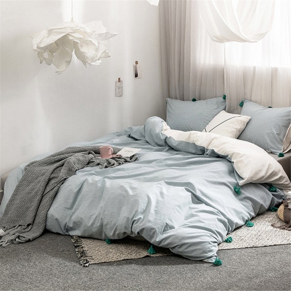 Tassels Thin Blue Striped Duvet Cover 