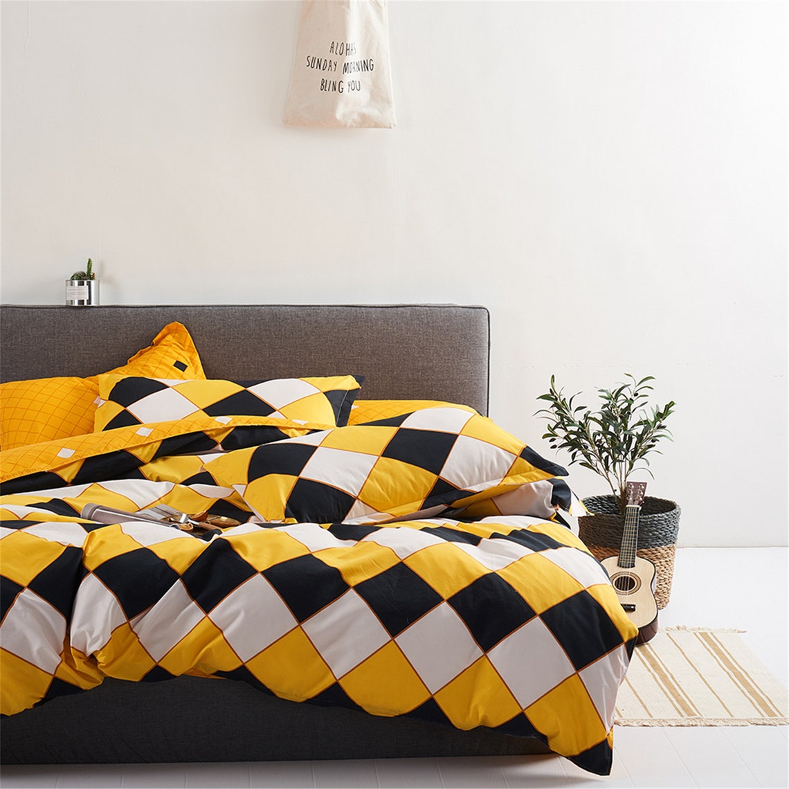 Duvet Cover Queen Twin Yellow Plaid Bedding Set Kids Teen Etsy