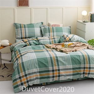 Minimalist Plaid Duvet Cover Twin/Full/Queen,Green Duvet Covers For Men/Boys,Cotton Bedding Set Twin/Full/Queen,Pillowcases,Quilt Cover