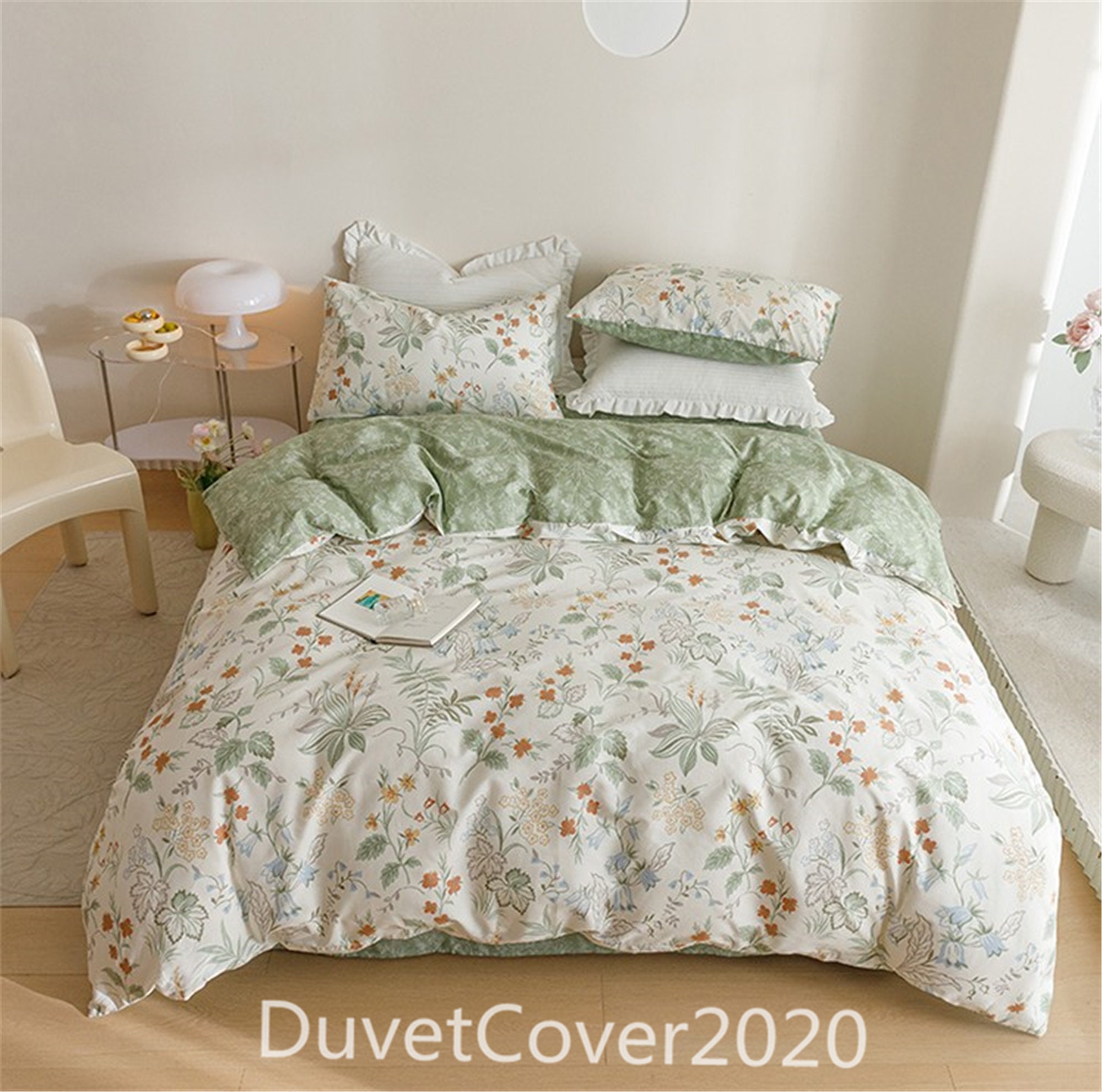 Blush/green Floral Duvet Cover Queen/twin/full/single,100% Cotton Duvet  Covers,dorm Cotton Bedding Set,quilt Covers,shame Cover,fitted Sheet 