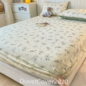 100% Cotton Fitted Sheets Twin/Full/Queen/King Flat Sheet Dorm Bedding Set,Beige Fitted Sheet,Floral Fitted Sheets,Pillowcases Cotton