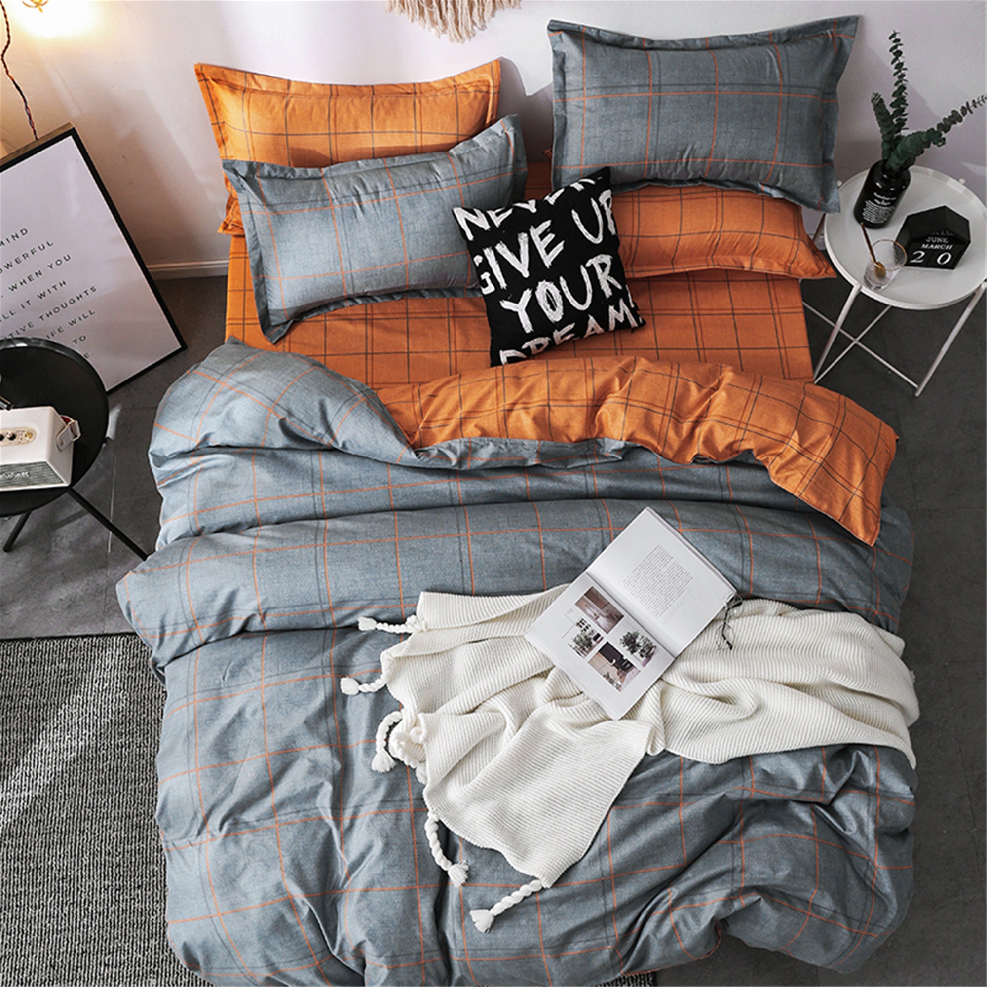 Gray Orange Plaid Duvet Cover Queen Twin Double Duvet Cover Etsy