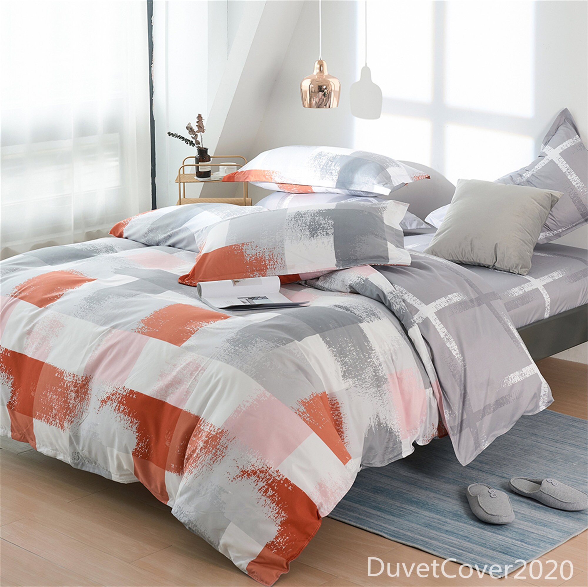 Gray Orange Plaid Duvet CoverBedding Set Queen TwinDuvet Etsy