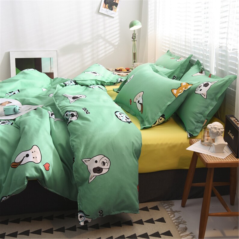 Fresh Cute Dog Print Duvet Cover Green Soft Duvet Cover Queen Etsy