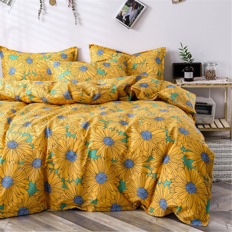 Sunflower Floral Duvet Cover Yellow Bedding Set Queen King Etsy