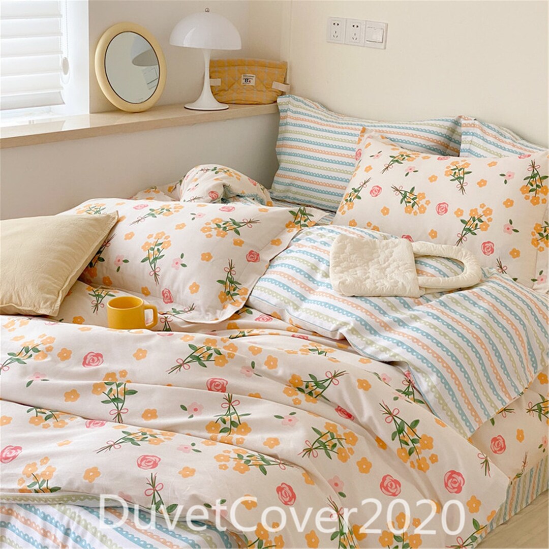 100 Cotton White Duvet Cover Twin Full Queen King With Yellow Flowers,blue Striped Bedding Set