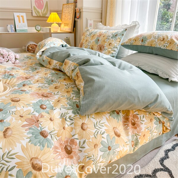 Yellow Floral Duvet Cover Queen/Twin/Full/King,100% Cotton Customized Size Duvet Covers,Dorm Bedding Set,Pillowcases,Quilt Cover