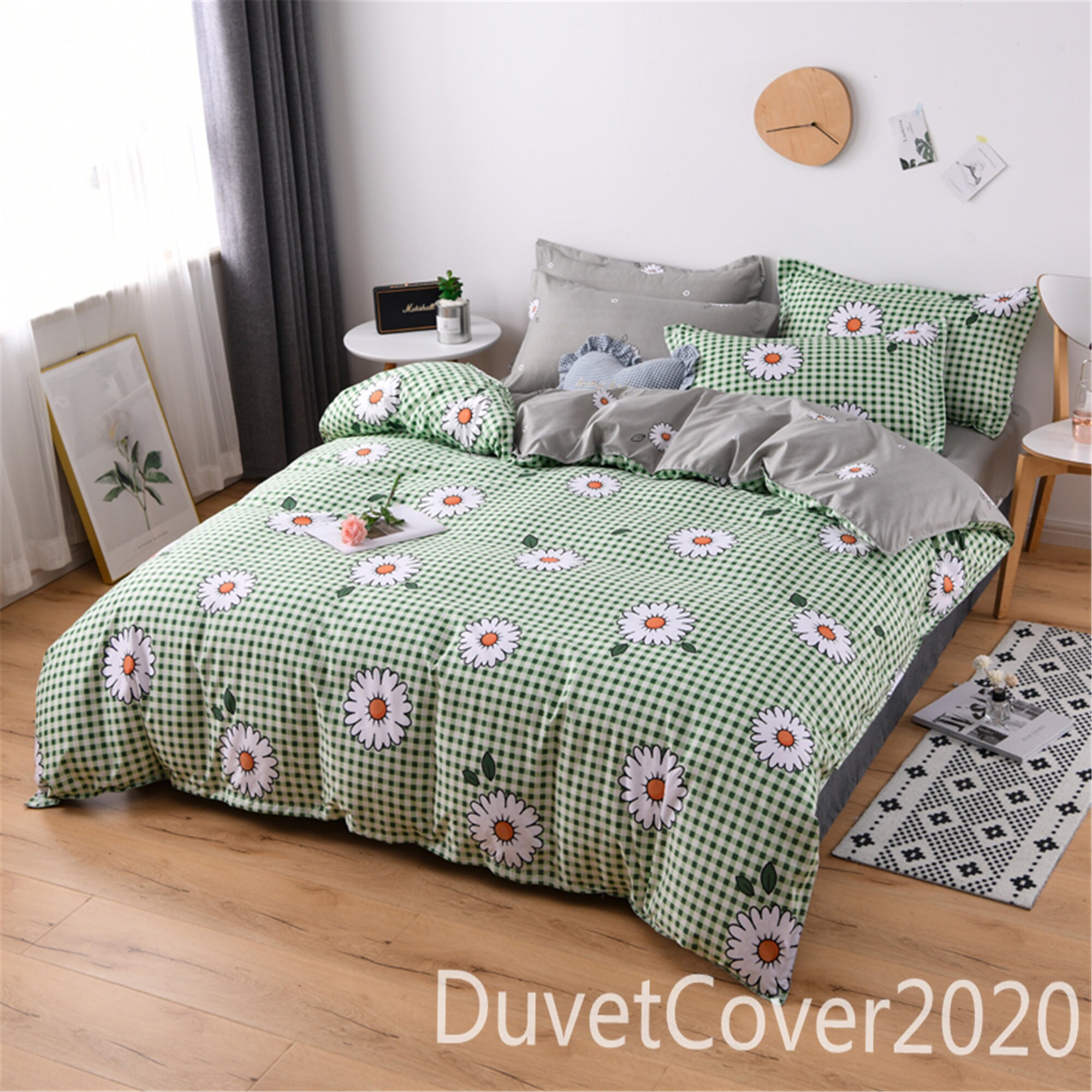 Plaid Daisy Floral Duvet Cover Queen Twin Double Green Gray Etsy