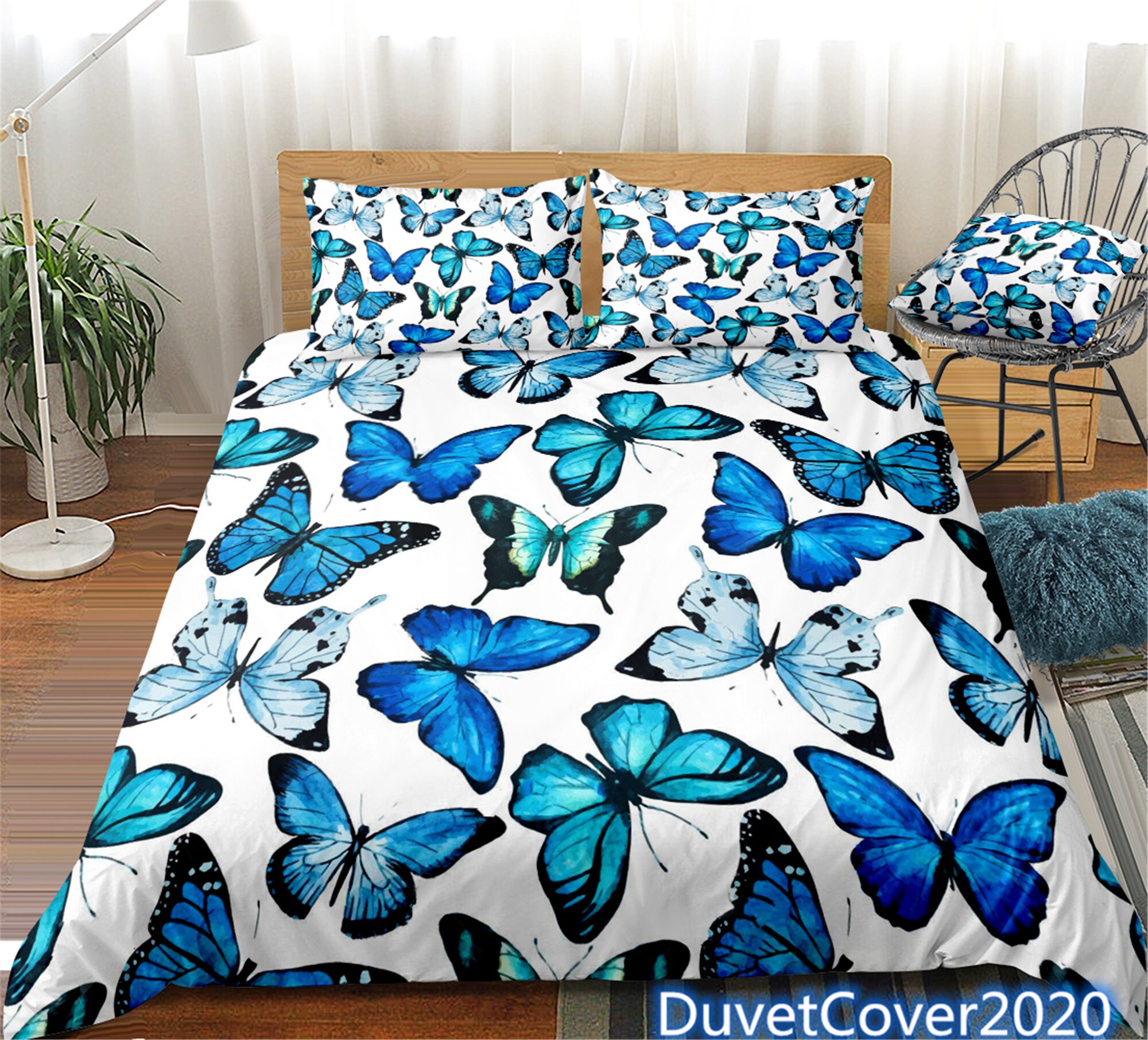 Blue Butterfly Printed Bedding Set 