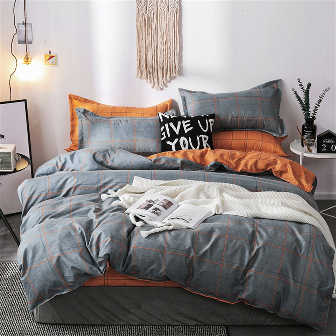 Gray Orange Plaid Duvet Cover Queen Twin Double Duvet Cover Etsy