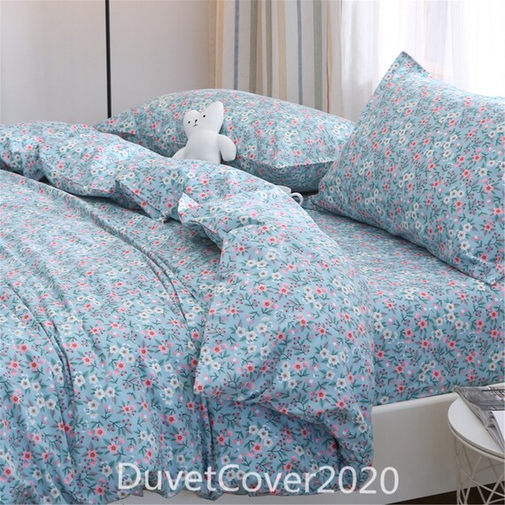 Blue Floral Duvet Cover Twin/full/queen/king With Pink/white Etsy