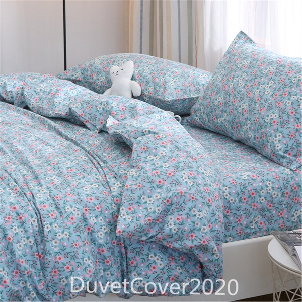 Blue Floral Duvet Cover Twin/Full/Queen/King With Pink/White Flowers,Cotton Bedding Customization,Blue Duvet Covers Twin/Full/Queen/King