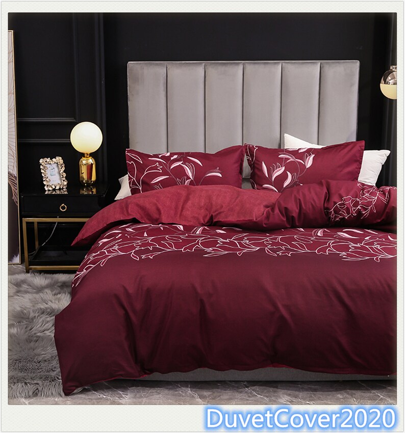 Wine Red Floral Duvet Cover King Queen Twin Duvet Covers Etsy