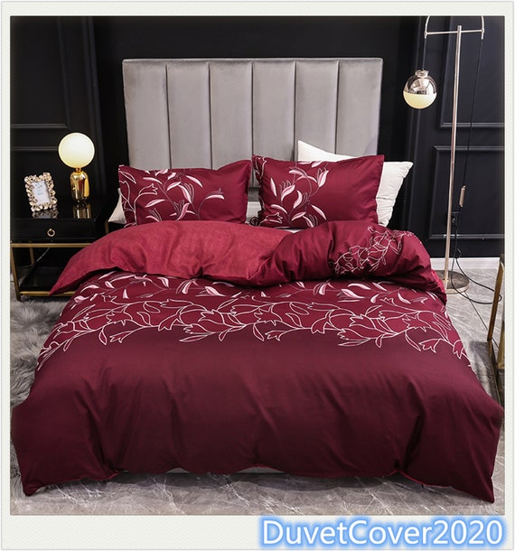 Wine Red Floral Duvet Cover King Queen Twin Duvet Covers Etsy