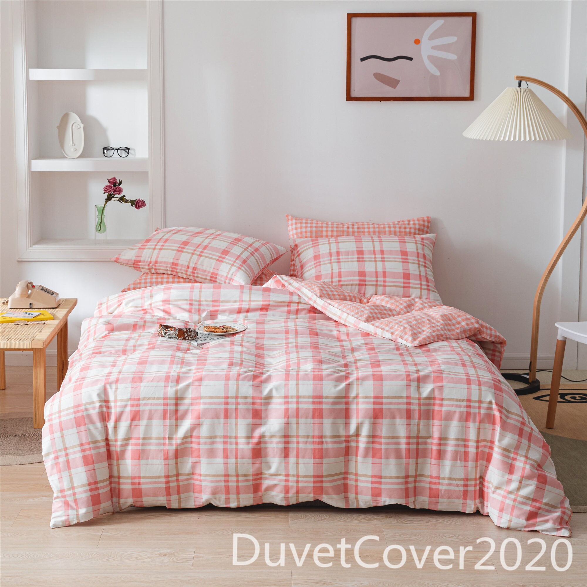 Pink Plaid 100 Cotton Duvet Cover Queen Full Twin King Duvet Etsy