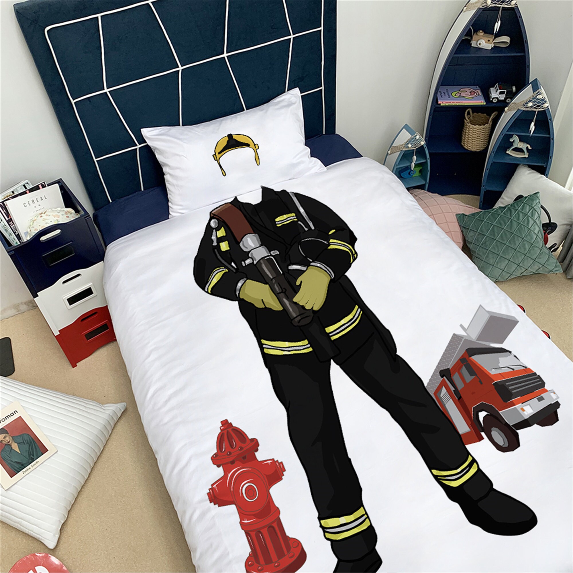 Funny Duvet Cover Firemen Figure Print 
