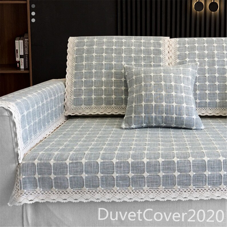 Customized Plaid Couch Cover Linesofa Covers Blue Etsy