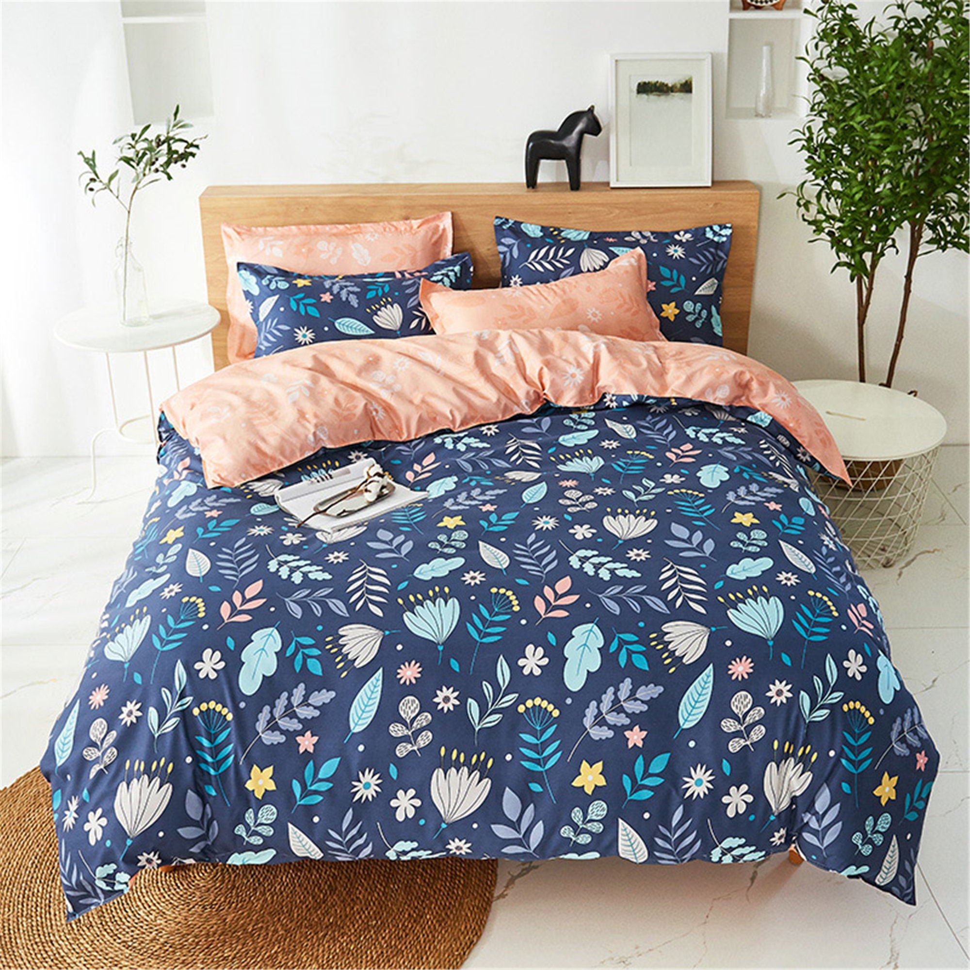 Fresh Navy Orange Floral Duvet Cover Double Side Bedding Set Etsy