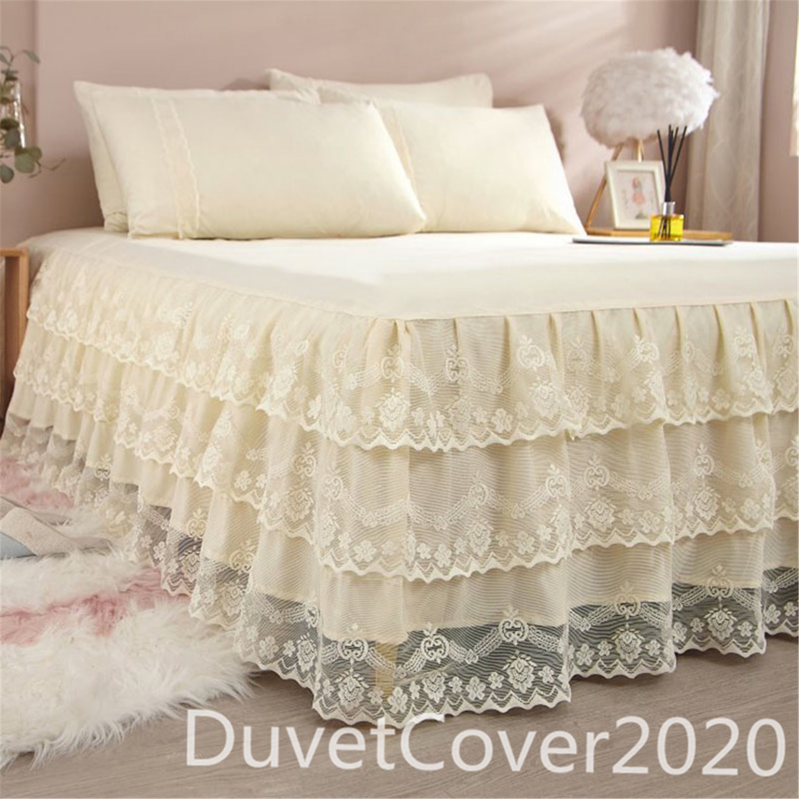 beige bed skirt