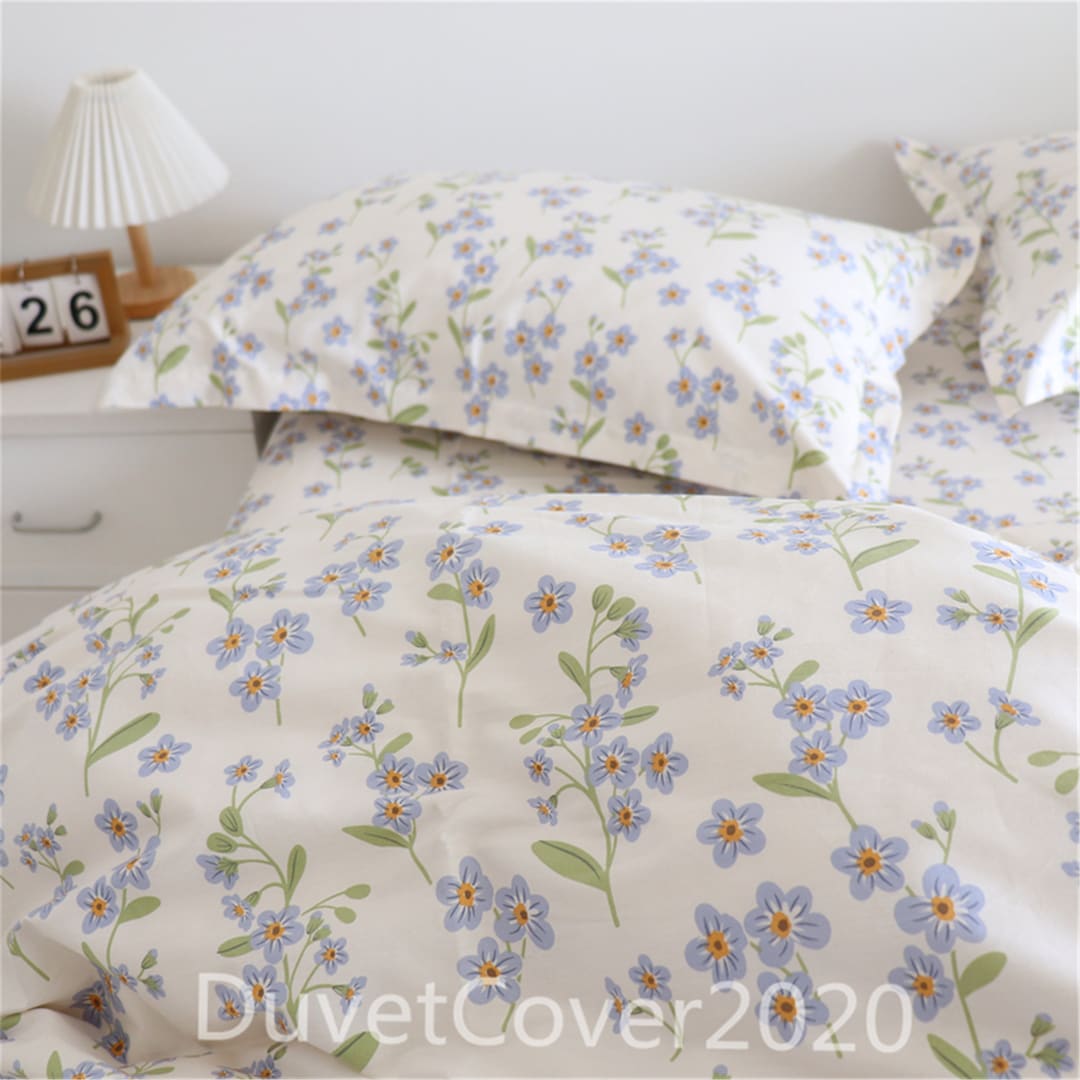 White Floral Duvet Cover Queen/twin/full/king With Blue Flowers,cotton