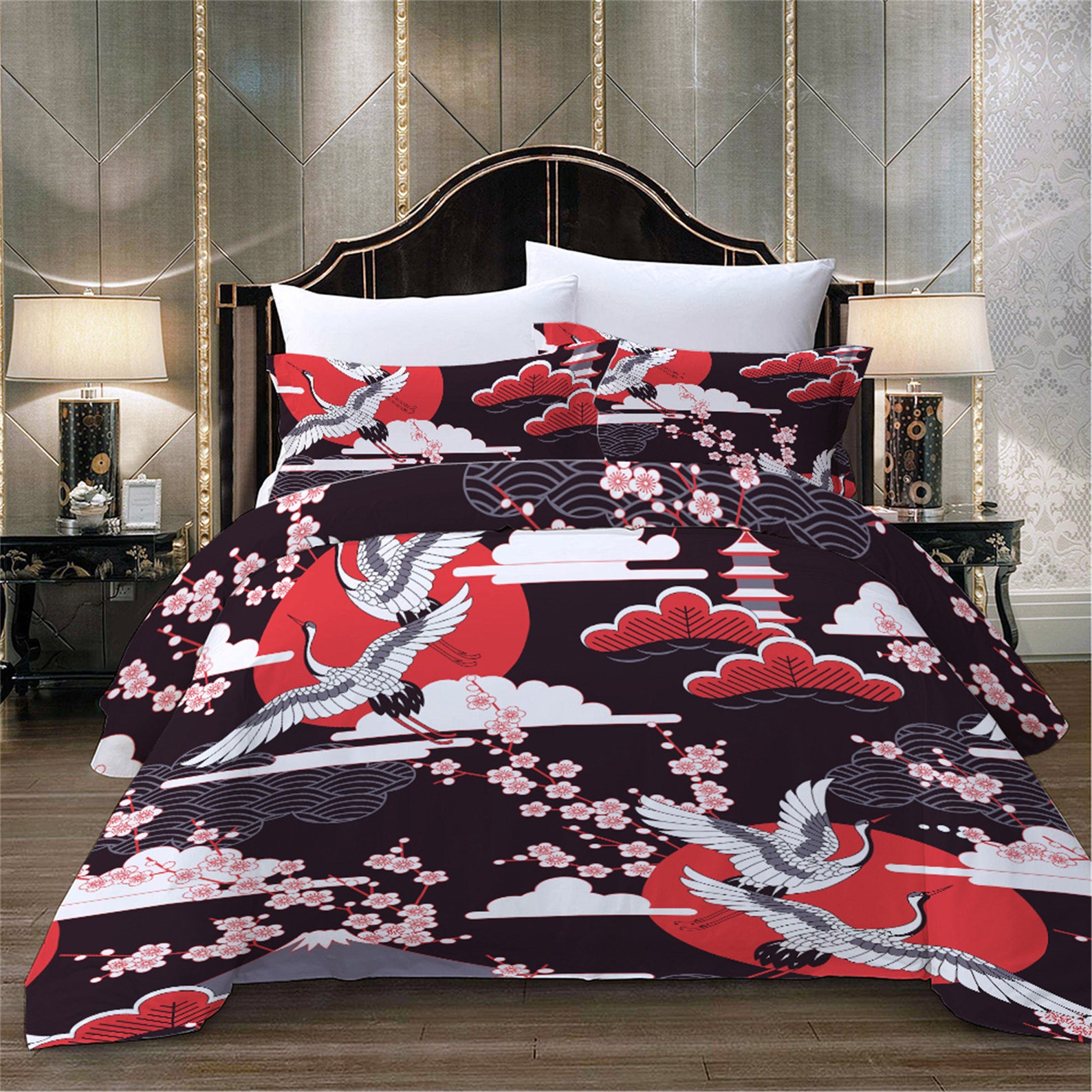 Japanese Duvet Cover Crane Sakura 3D Duvet Cover Queen Twin Etsy