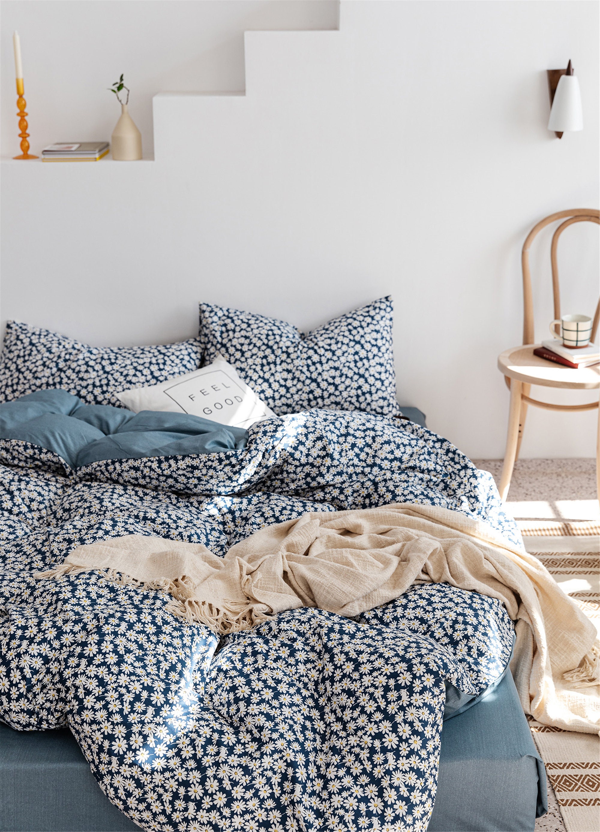 100 Cotton Navy Daisy Floral Duvet Cover Twin Queen King Soft Etsy